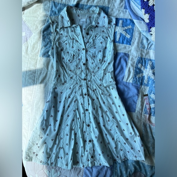 Y2K Urban Outfitters Anchor Print Dress Nautical Blue Striped Button-Up Dress XS - Picture 8 of 15